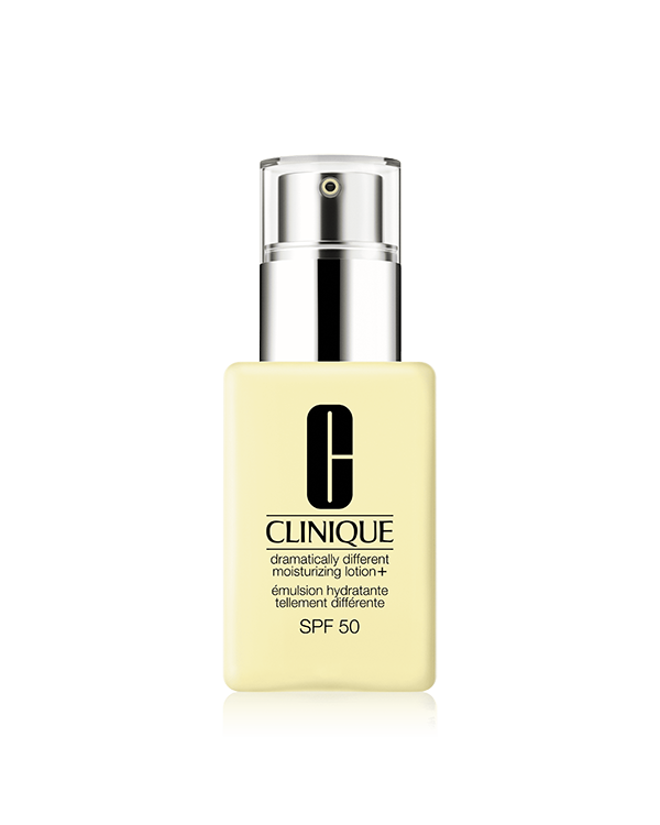 Dramatically Different Moisturizing Lotion+™ SPF 50, 輕盈保濕乳液，高效強韌肌膚屏障，即時提升水分及為肌膚提供 SPF 防曬保護而不見泛白，讓肌膚顯住更健康及透亮。